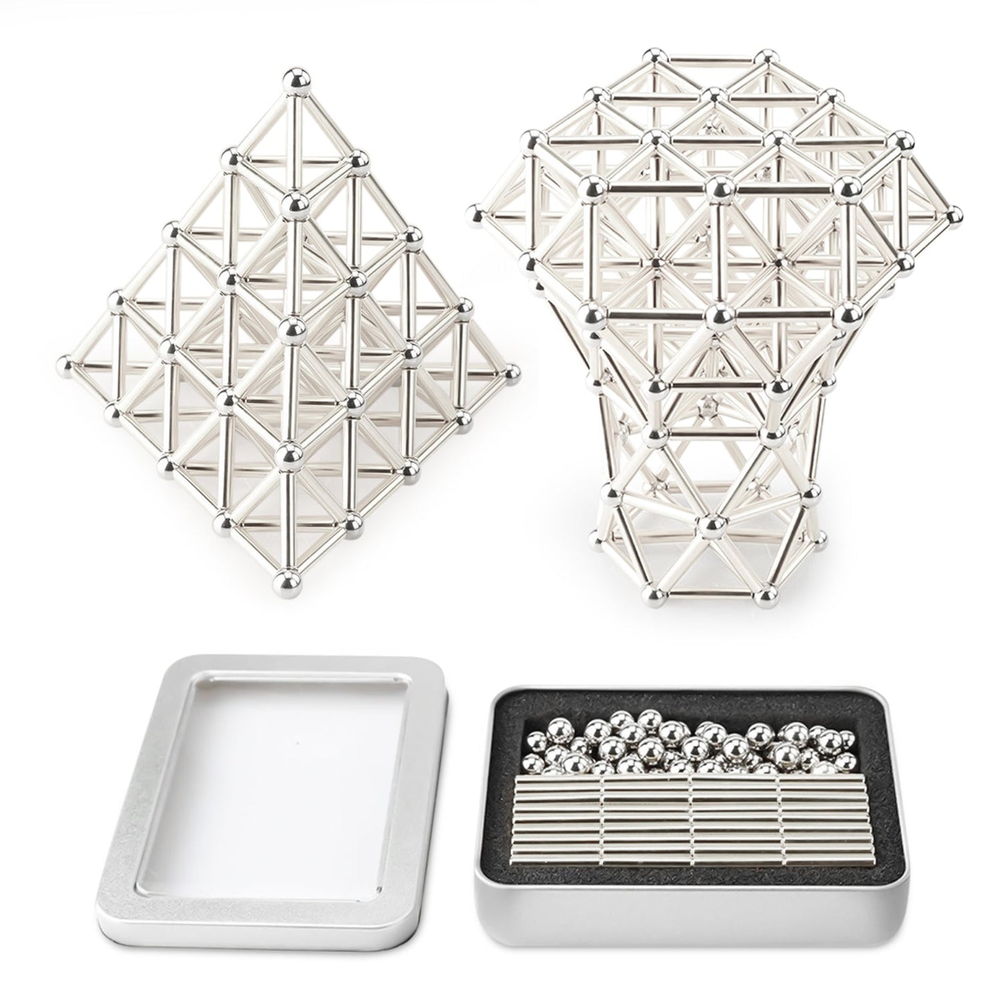 Two geometric structures built from silver magnetic sticks and balls are shown above an open Toyfetti MagnoCraft – Magnetic Building Set for Creative Kids, ideal for building shapes and boosting focus, logic, and imagination.