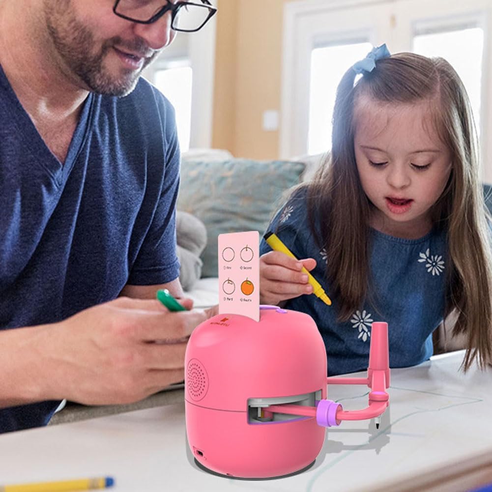 An adult and a young girl with Down syndrome draw together as Toyfetti’s ArtBot – Interactive Drawing Robot for Kids joins in, guiding them step by step and encouraging creative learning.