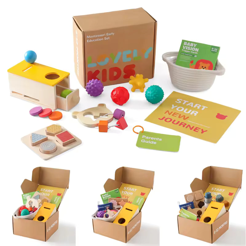Montessori Macaron Play Kit (0–16 Months) – Wooden Drawer Box, Busy Drum & Shape Sorter Toy Set