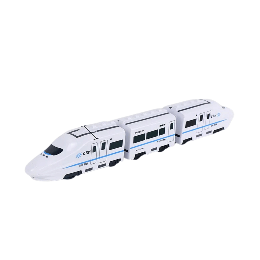The Toyfetti GlowExpress is a white and blue modern toy train with three connected cars, sleek windows, and a streamlined design. This light-up, obstacle-avoiding train inspires magical play and helps children build spatial awareness skills.