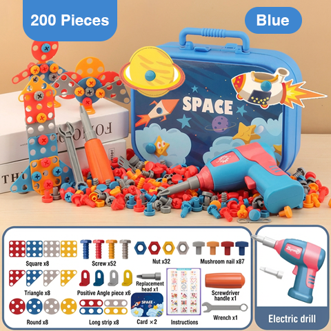 Toy construction set with tools and space-themed packaging on a wooden surface