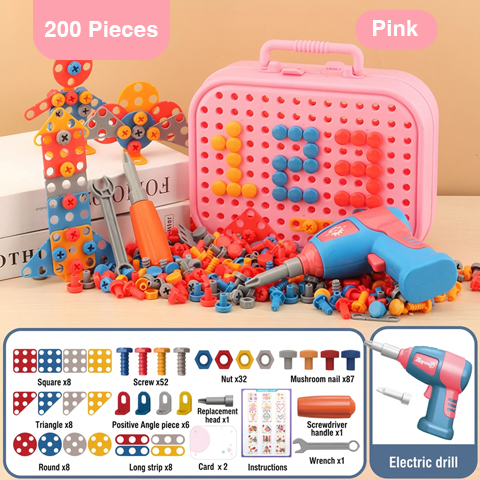 Pink toy construction set with tools and building blocks on a wooden surface.