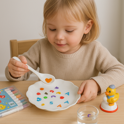 A young child sits at a table, using the Magic Water Pen – 12 Floating Drawing Markers above a white plate with colorful alphabet pasta. Beside them are markers, a yellow duck toy, and floating artworks, creating a joyful and focused scene.