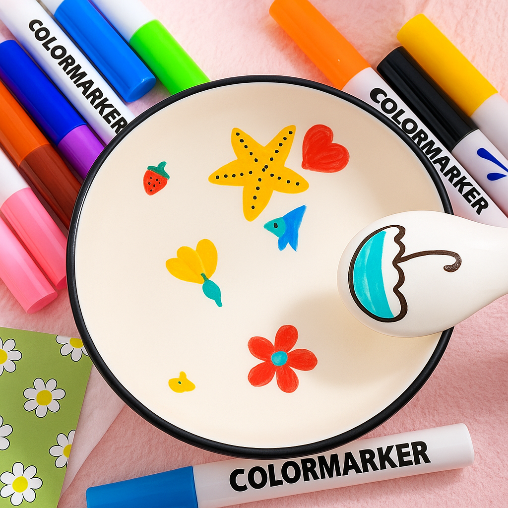 A white bowl with colorful doodles of a starfish, fish, strawberry, flower, heart, and umbrella is surrounded by Magic Water Pen – 12 Floating Drawing Markers and a floral notepad on a pink surface.
