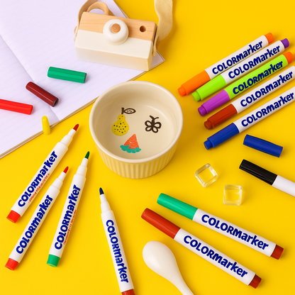 The Magic Water Pen – 12 Floating Drawing Markers, alongside a dish with fruit and butterfly designs, a notebook, toy camera, and clear cubes on a bright yellow background, spark creativity and floating doodles.