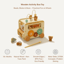 The Toyfetti Wooden Animal Activity Bus – 6-in-1 Early Learning Maze and Shape Sorter offers beads, blocks, gears, animal figures, a bead maze, smooth edges, and natural colors. Eco-friendly for ages 18+ months; supports STEM skills and problem-solving.
