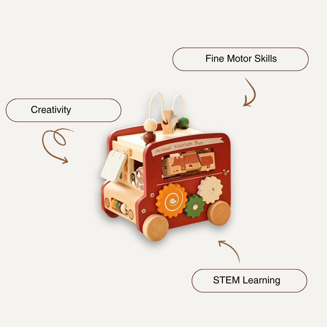The Toyfetti Wooden Animal Activity Bus – 6-in-1 Early Learning Maze and Shape Sorter features colorful gears, a bead maze, and activities that boost fine motor skills, creativity, and STEM learning. Shown on a plain background.
