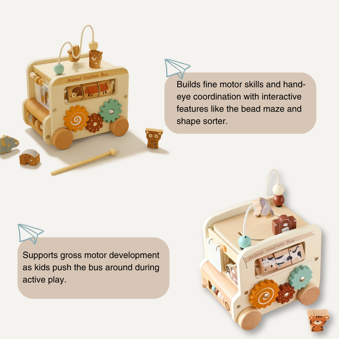 The Toyfetti Wooden Animal Activity Bus – 6-in-1 Early Learning Maze and Shape Sorter is shown from various angles, highlighting its gears, animal blocks, and bead maze for boosting preschool fine and gross motor skills through interactive play.