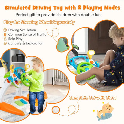 COSTWAY All-in-One Driving Simulator for Kids – Steering Wheel Toy with Seat, Lights & Sounds