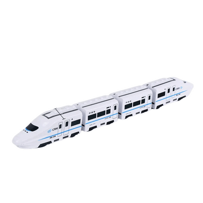 The Toyfetti GlowExpress is a white, blue-accented, three-car light-up train that avoids obstacles and sparks spatial skills, offering magical play that resembles a modern bullet train.
