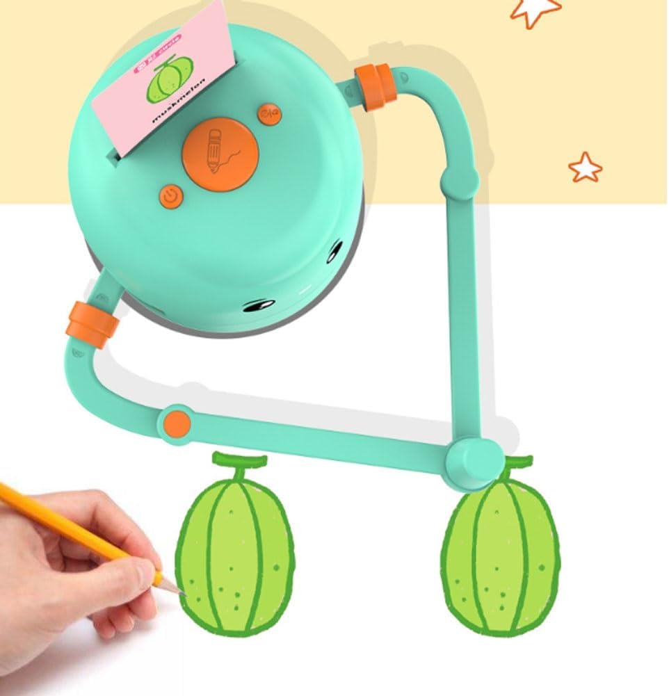 The Toyfetti ArtBot – Interactive Drawing Robot for Kids in teal and orange with two wheels traces green watermelon shapes on paper, while a hand with a pencil follows to learn to draw. The background features white, light yellow, and small orange stars.