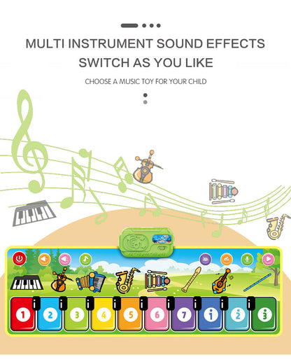 The Toyfetti Musical Dance Piano Mat features colorful, numbered keys, instrument icons, green accents, and floating music notes—perfect for toddlers to enjoy multi-instrument sound effects while moving and playing.
