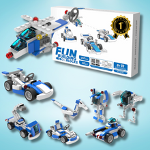 The Toyfetti Misfit BuildMaster 30-in-1 STEM Building Blocks Set includes 150+ blue, white, and gray pieces to build vehicles, animals, and robots. The product box reads FUN Building Blocks and 150 PCS 30-in-1.