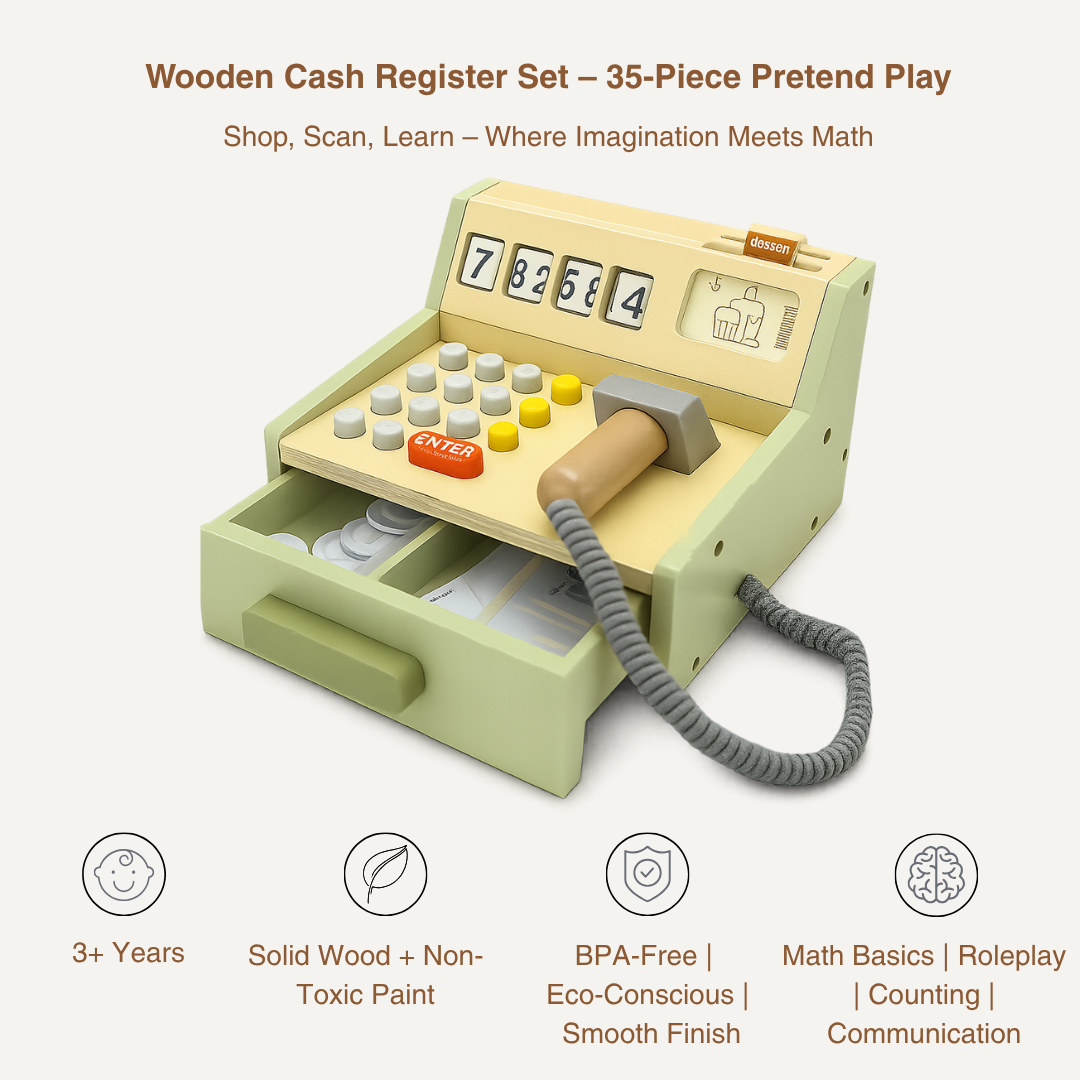 Wooden Kids Cash Register Playset – 35pcs Educational Pretend Shop