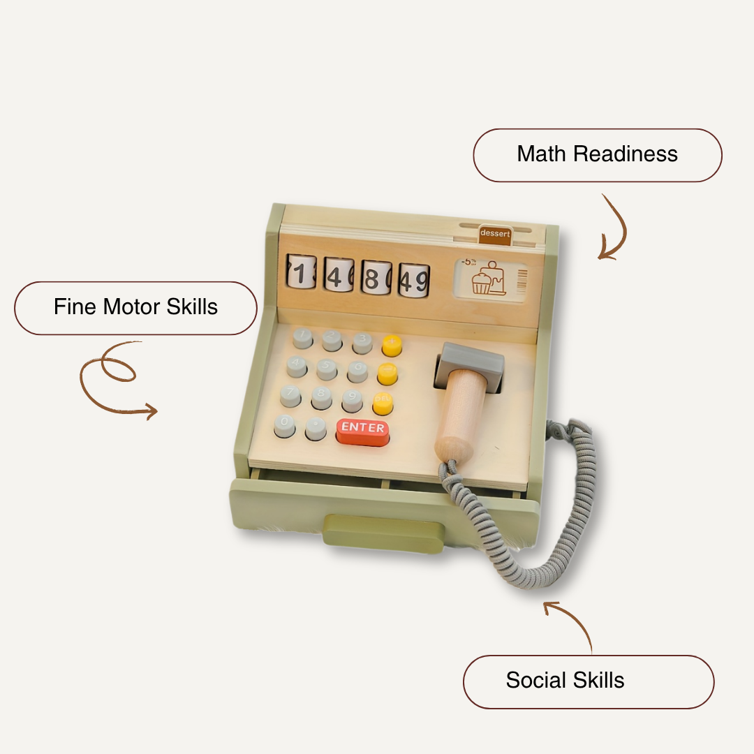 Wooden Kids Cash Register Playset – 35pcs Educational Pretend Shop