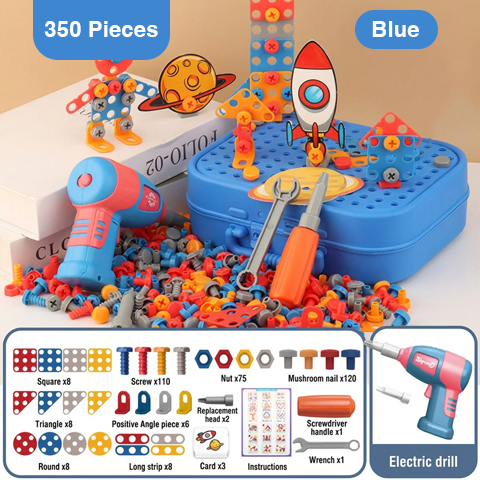 Children's toy construction set with tools and parts, featuring a blue electric drill and various components.