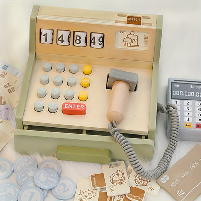 Wooden Kids Cash Register Playset – 35pcs Educational Pretend Shop-Toyfetti
