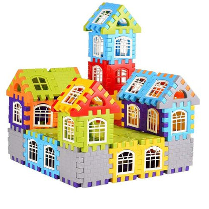 The Toyfetti House Building Blocks – Creative Architecture Toy for Kids features interlocking foam pieces in green, orange, blue, yellow, red, and gray to build a colorful toy house with gabled roofs, windows, and a central tower.