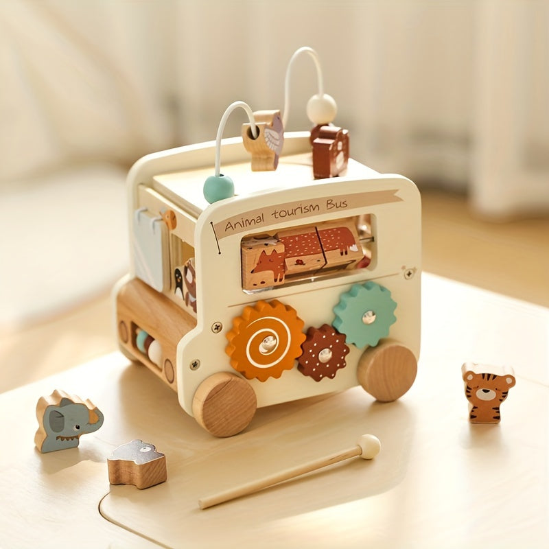 Wooden Animal Activity Bus – 6-in-1 Early Learning Maze, Shape Sorter-Toyfetti