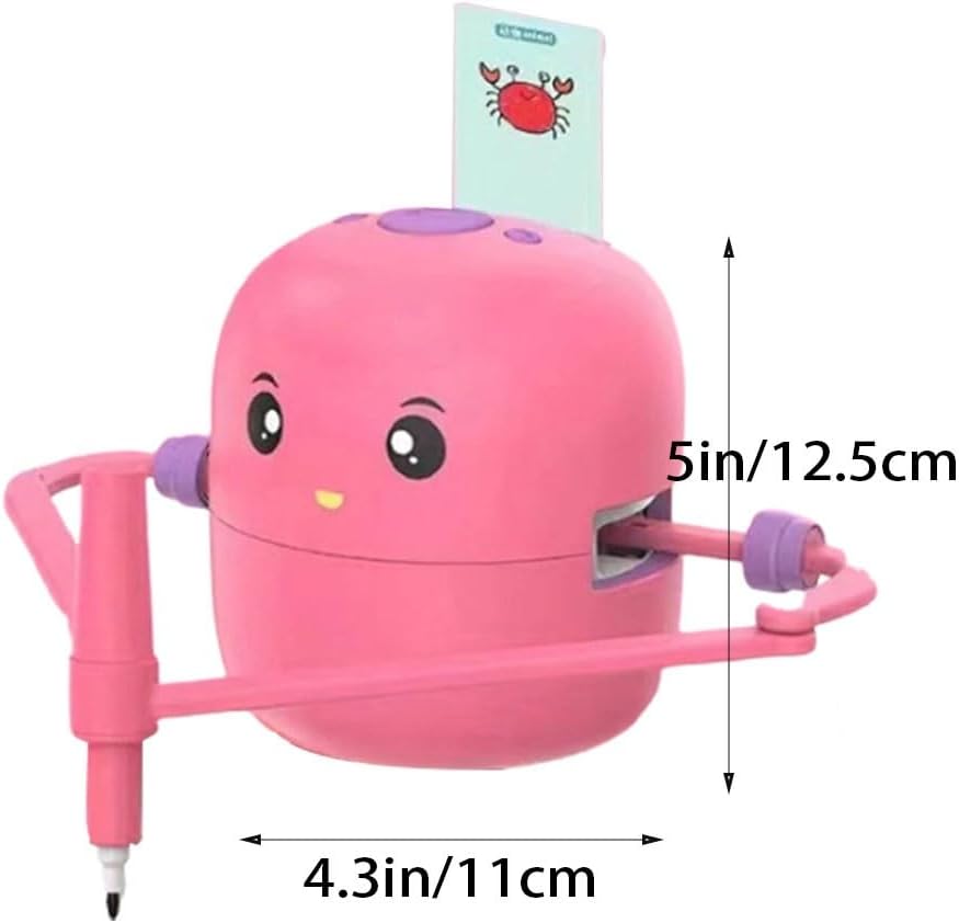ArtBot – Interactive Drawing Robot for Kids by Toyfetti is a pink, octopus-shaped companion with cartoon eyes and beak. At 5 tall and 4.3 wide, it holds a pen and card—ideal for step-by-step creative learning and helping kids draw.