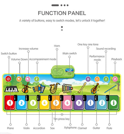 The Toyfetti Musical Dance Piano Mat for toddlers features numbered keys with instrument icons, labeled volume and mode buttons, and plays violin, accordion, saxophone, xylophone, clarinet, guitar, flute, and piano sounds.