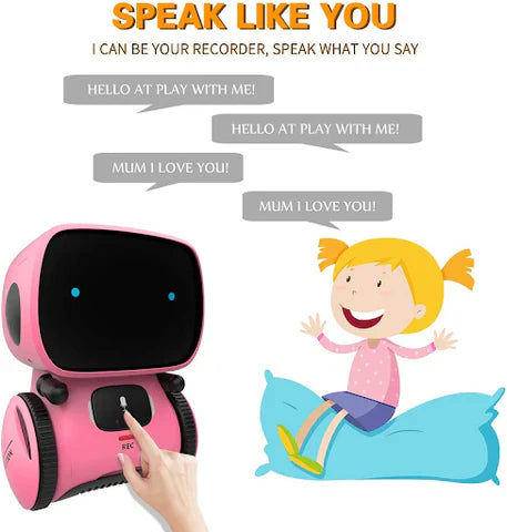The Toyfetti Robomate | Jouw Muzikale Vriend - Slimme Robot is a pink interactive robot with a screen face that repeats phrases to support spraakontwikkeling. A girl on a blue bean bag and Robomate say, “HELLO AT PLAY WITH ME!” and “MUM I LOVE YOU!”.