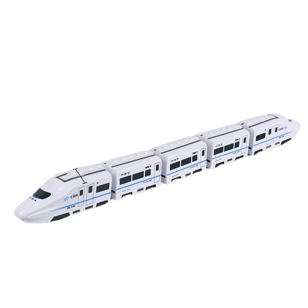 The Toyfetti GlowExpress is a white and blue light-up, obstacle-avoiding high-speed toy train with four connected cars, designed for magical play and skill building, shown on a plain white background.