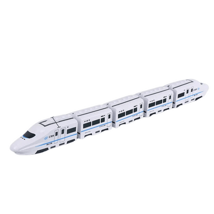 The Toyfetti GlowExpress is a white and blue light-up, obstacle-avoiding high-speed toy train with four connected cars, designed for magical play and skill building, shown on a plain white background.