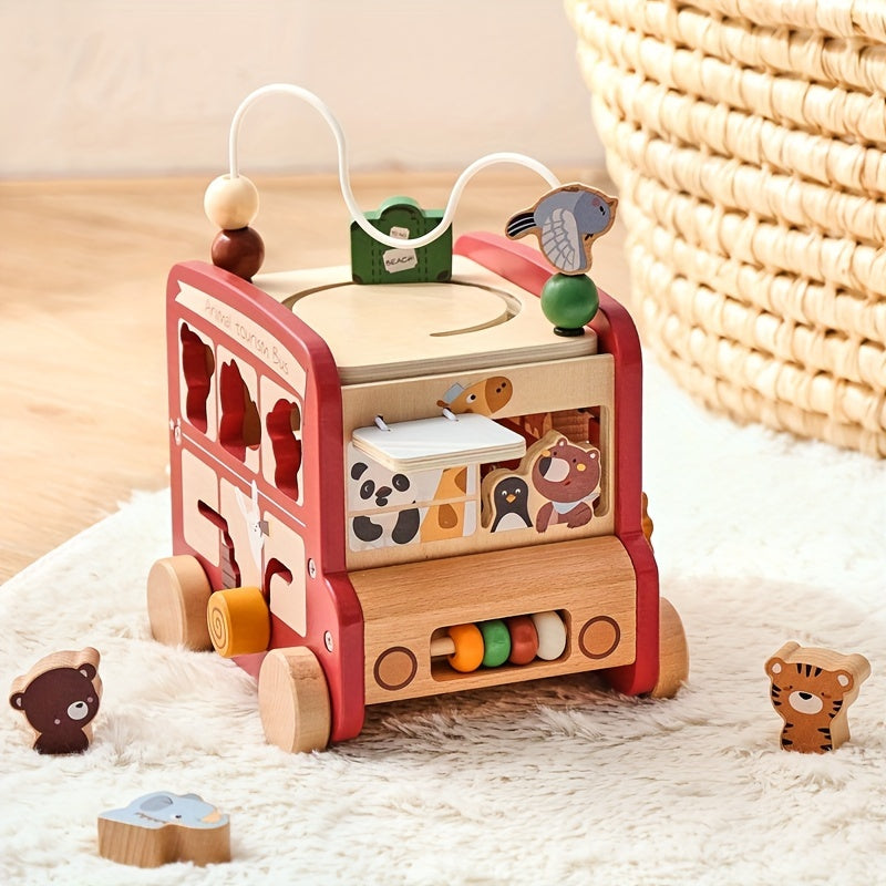 Wooden Animal Activity Bus – 6-in-1 Early Learning Maze, Shape Sorter-Toyfetti