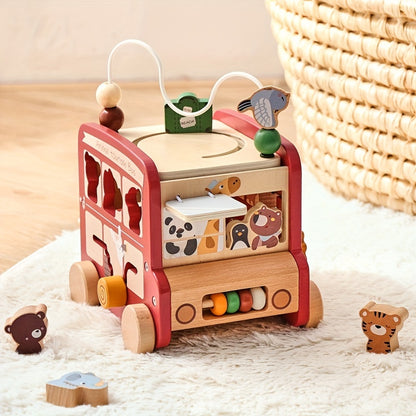 Wooden Animal Activity Bus – 6-in-1 Early Learning Maze, Shape Sorter-Toyfetti