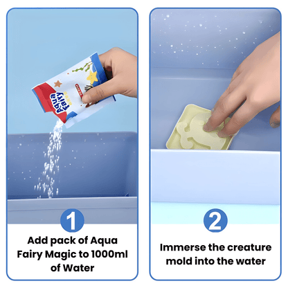 Step 1: Pour a packet from the Toyfetti Magic Water Wonder Kit – Create Colorful 3D Animals with Just Water into water. Step 2: Dip a mold into the water. Enjoy hands-on sensory play with easy step-by-step instructions.