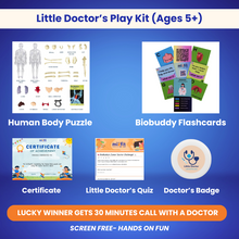 Toyfetti’s BioBuddy™ Little Doctor Play Kit – a 3D human anatomy STEM toy for kids ages 5+, features a puzzle, flashcards, quiz, certificate, and doctor’s badge. Banner promotes a chance to win a 30-min call with a doctor. Perfect for curious young minds!.