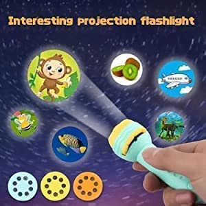A hand holds the Toyfetti StoryLight Projector – Magical Bedtime Torch with 48 scene slides, projecting fun images like a monkey, bee, and airplane to inspire creativity and make bedtime routines enjoyable. Text above: Interesting projection flashlight.