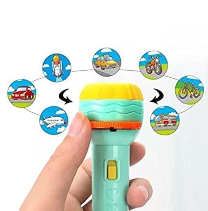 A hand holds the Toyfetti StoryLight Projector – Magical Bedtime Torch with 48 Scene Slides, projecting vehicles like a rocket, car, and airplane, making bedtime routines creative and calming through imaginative storytelling.