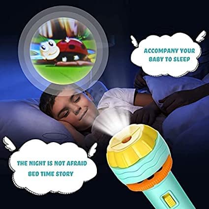 A child smiles in bed as a Toyfetti StoryLight Projector – Magical Bedtime Torch with 48 Scene Slides beams a cartoon ladybug on the wall. Text reads “ACCOMPANY YOUR BABY TO SLEEP” and “THE NIGHT IS NOT AFRAID BED TIME STORY.”.