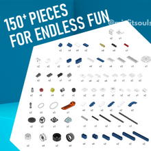 The Toyfetti Misfit BuildMaster 30-in-1 STEM Building Blocks Set features an illustrated parts list of labeled components and quantity indicators, with the heading “150+ Pieces for Endless Fun” shown on a blue background.