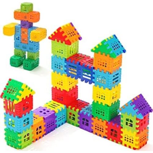 Toyfetti’s House Building Blocks – Creative Architecture Toy for Kids features colorful interlocking pieces assembled into shapes like a robot and houses with pointed roofs, all displayed on a white background.