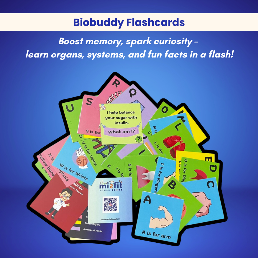 A stack of Toyfetti BioBuddy™ Little Doctor Play Kit flashcards shows letters, organs, questions, and facts on a blue backdrop, with text highlighting memory skills, curiosity, and STEM learning for kids.