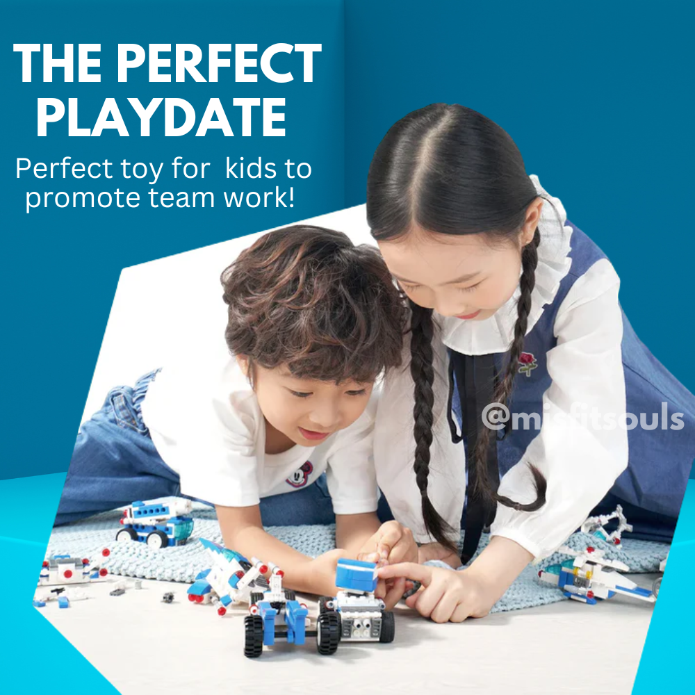 Two kids smile and play with the Toyfetti Misfit BuildMaster 30-in-1 STEM Building Blocks Set—150+ pieces for teamwork and fun!.