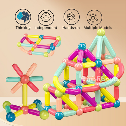 MagniBlocks™ by Toyfetti: Colorful magnetic blocks and balls assemble into creative shapes, while icons for thinking, independence, hands-on fun, and versatility highlight this educational construction set’s benefits.