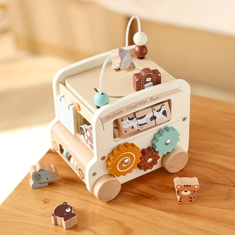 Wooden Animal Activity Bus – 6-in-1 Early Learning Maze, Shape Sorter-Toyfetti