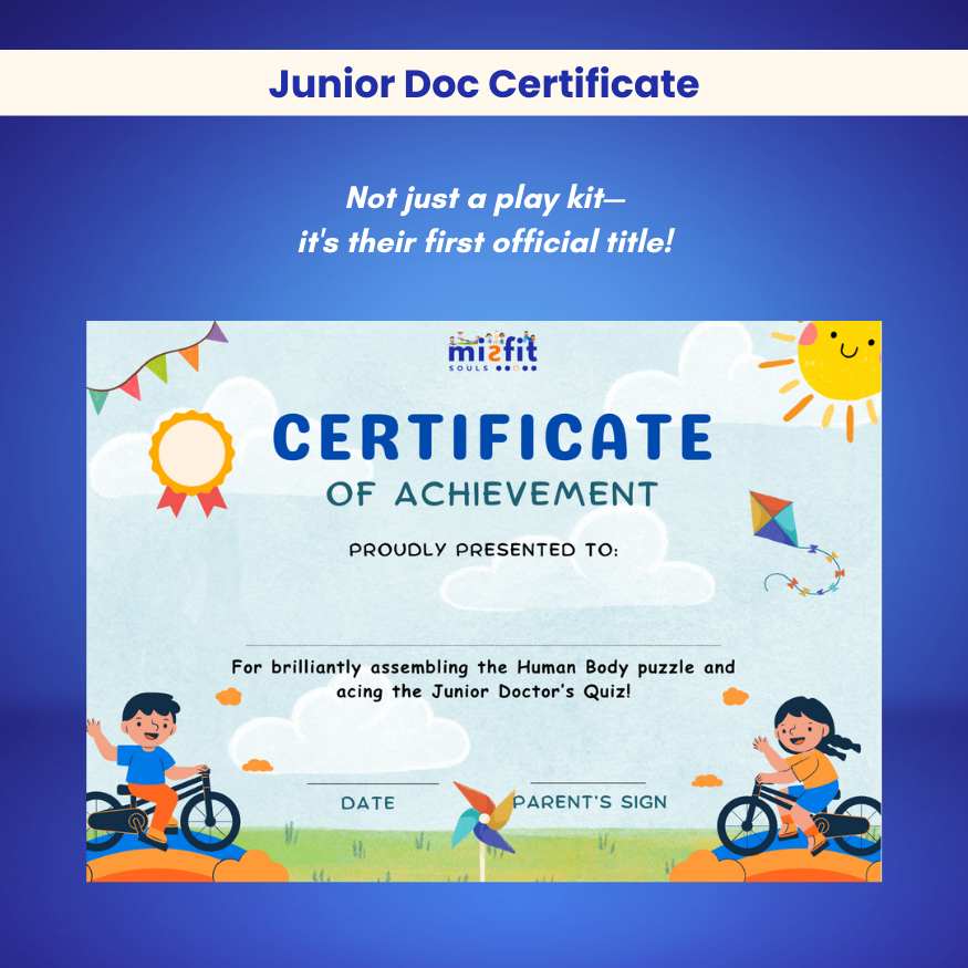 This vibrant Junior Doc Certificate from Toyfetti celebrates kids for completing the BioBuddy™ Little Doctor Play Kit 3D Human Anatomy puzzle and acing the quiz, with playful fonts, sun, clouds, kites, and two biking children.