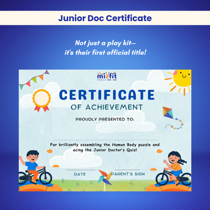 This vibrant Junior Doc Certificate from Toyfetti celebrates kids for completing the BioBuddy™ Little Doctor Play Kit 3D Human Anatomy puzzle and acing the quiz, with playful fonts, sun, clouds, kites, and two biking children.