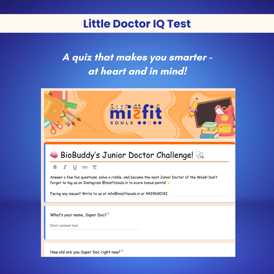A colorful quiz page titled Little Doctor IQ Test with the subtitle A quiz that makes you smarter—at heart and in mind! Features Toyfetti’s BioBuddy™ Little Doctor Play Kit – a 3D Human Anatomy STEM Toy, plus questions inspired by the play kit.