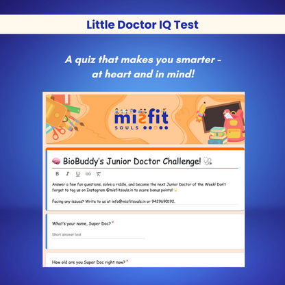 A colorful quiz page titled Little Doctor IQ Test with the subtitle A quiz that makes you smarter—at heart and in mind! Features Toyfetti’s BioBuddy™ Little Doctor Play Kit – a 3D Human Anatomy STEM Toy, plus questions inspired by the play kit.
