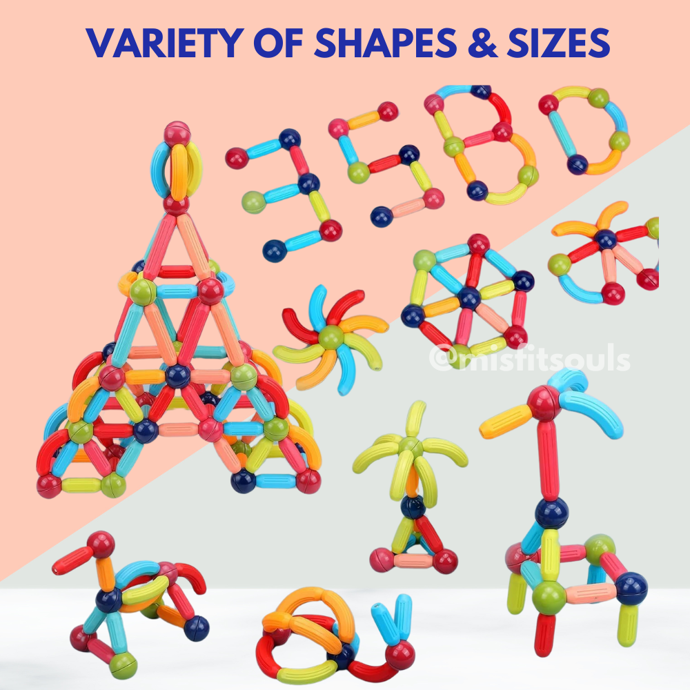 Toyfetti MagniBlocks™—The OG Magnetic Building Blocks—are arranged in a light setting to form animals, geometric figures, and abstract designs. The phrase VARIETY OF SHAPES & SIZES is displayed.