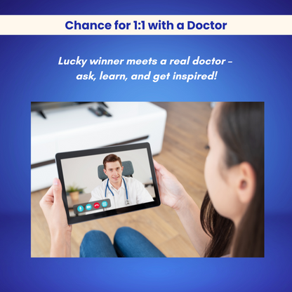 A woman uses a tablet for a video call with a doctor. Text: Chance for 1:1 with a Doctor. Below: Win time with a real doctor—ask about your BioBuddy™ Little Doctor Play Kit from Toyfetti! Blue background.