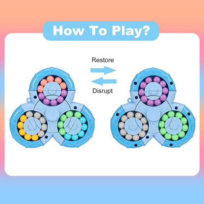 Instructional image of two identical Toyfetti BrainBounce Rotating Logic Spinners, featuring colorful beads in three circular tracks. Arrows labeled Restore and Disrupt show how to mix and solve this engaging 2-in-1 puzzle toy.