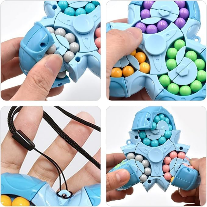 Four images display the Toyfetti BrainBounce Rotating Logic Spinner, a blue handheld sensory toy with colorful sliding beads. Hands demonstrate various ways to play, and one image shows it with a black lanyard for easy carrying.