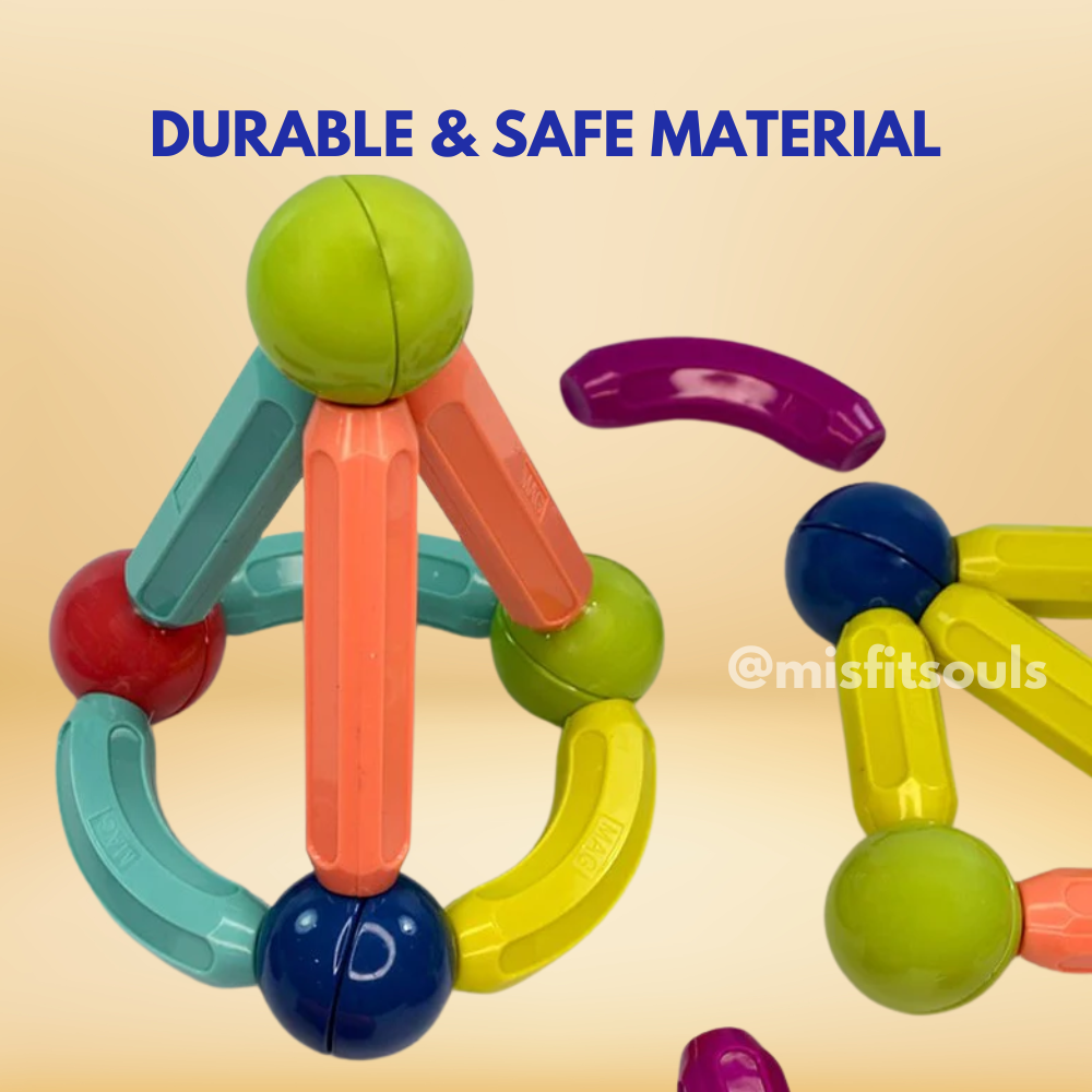 MagniBlocks™ by Toyfetti are assembled into geometric shapes on a light background. Durable & Safe Material is in bold at the top. The handle @misfitsouls appears—Toyfetti’s MagniBlocks™: an ideal educational toy for creative minds.